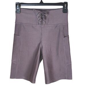 WalkPop Biker Short Lace Up Waist Ribbed Shiny Taupe Size XS Activewear Sporty